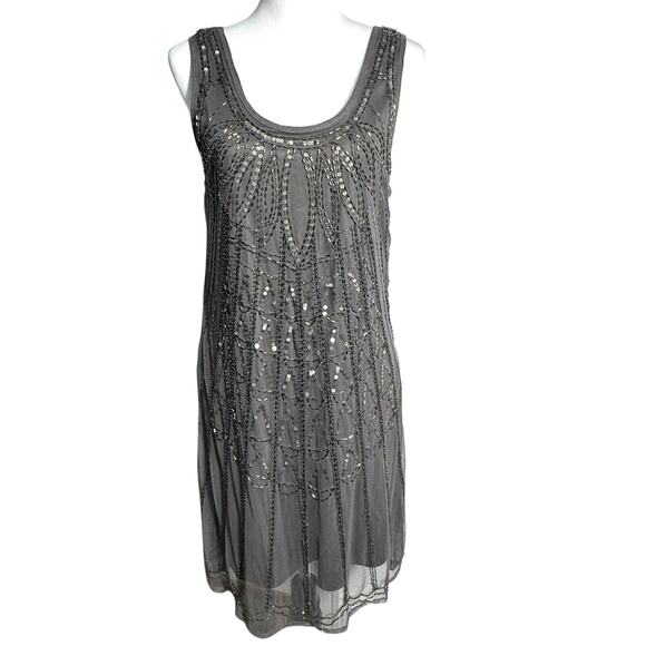 ANGIE‎ XL Gray Silver Sequin Beaded Lined Sleeveless Mini Dress Party Flapper - Picture 1 of 7